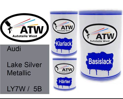 Audi, Lake Silver Metallic, LY7W /  5B: 500ml Lackdose + 500ml Klarlack + 250ml Härter - Set, von ATW Autoteile West.